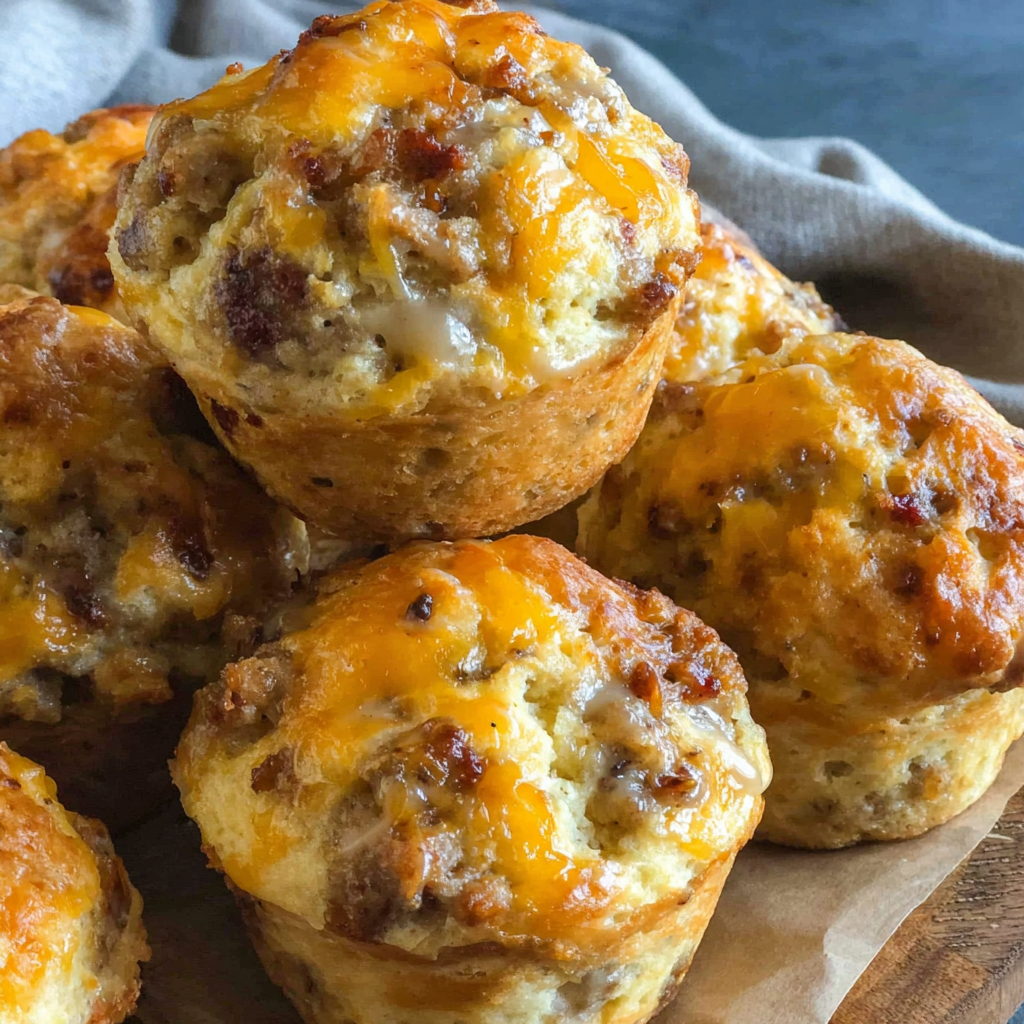 Brunch spread featuring sausage muffins, gravy boat, and fresh greens