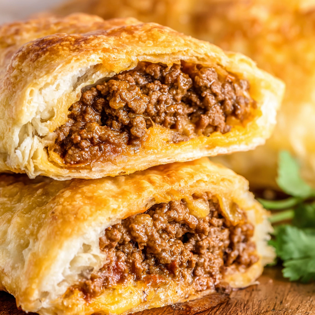Closeup of a taco pocket cut open showing cheesy beef filling