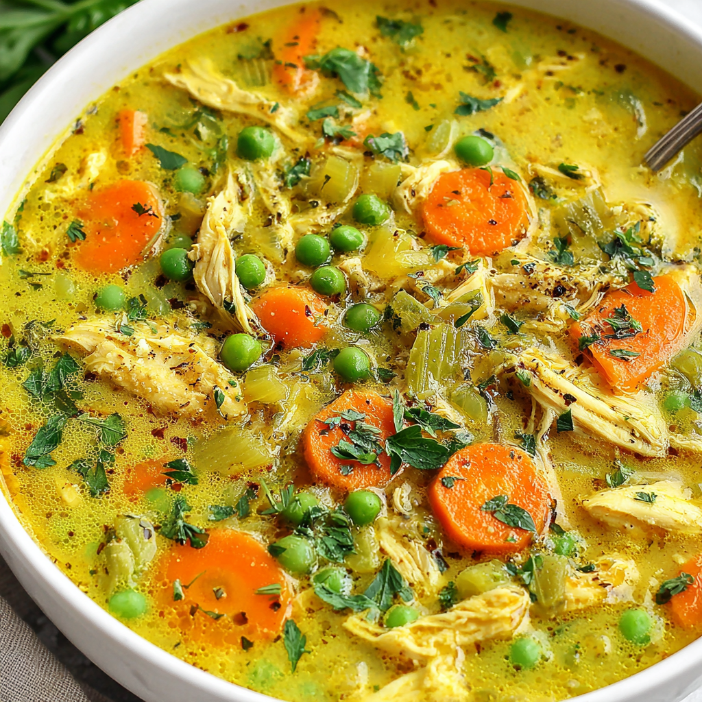 Bowls of turmeric chicken soup garnished with parsley and lemon wedges