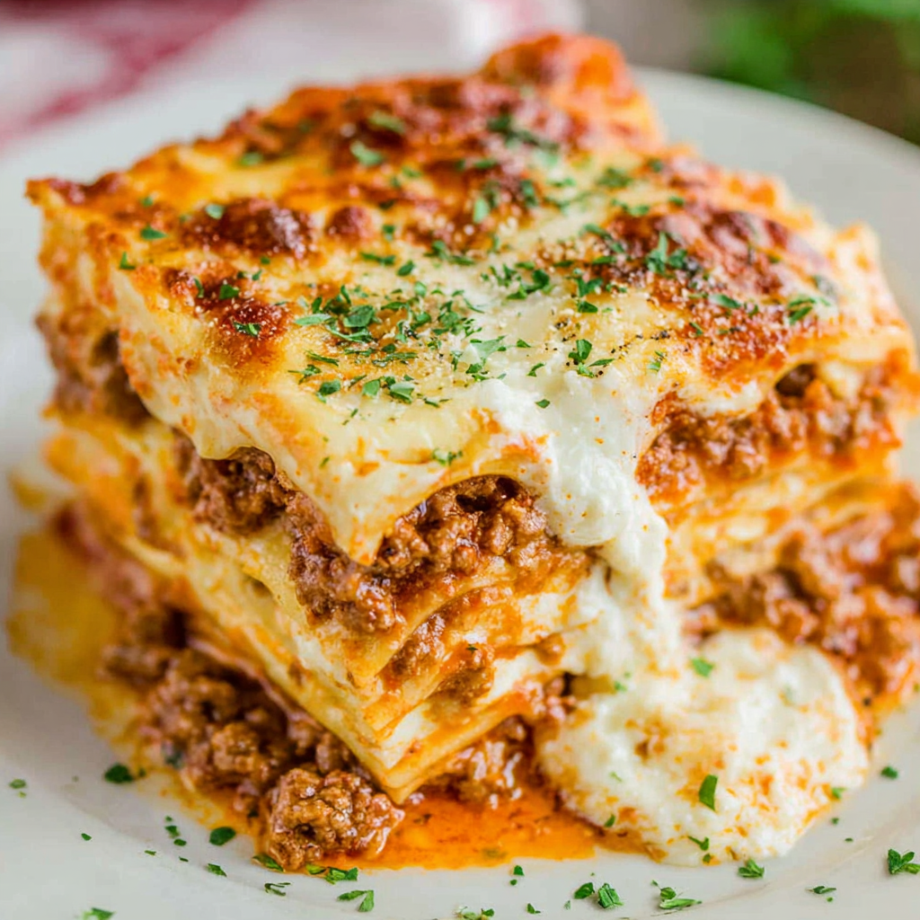 Golden brown lasagna slice on a plate with salad