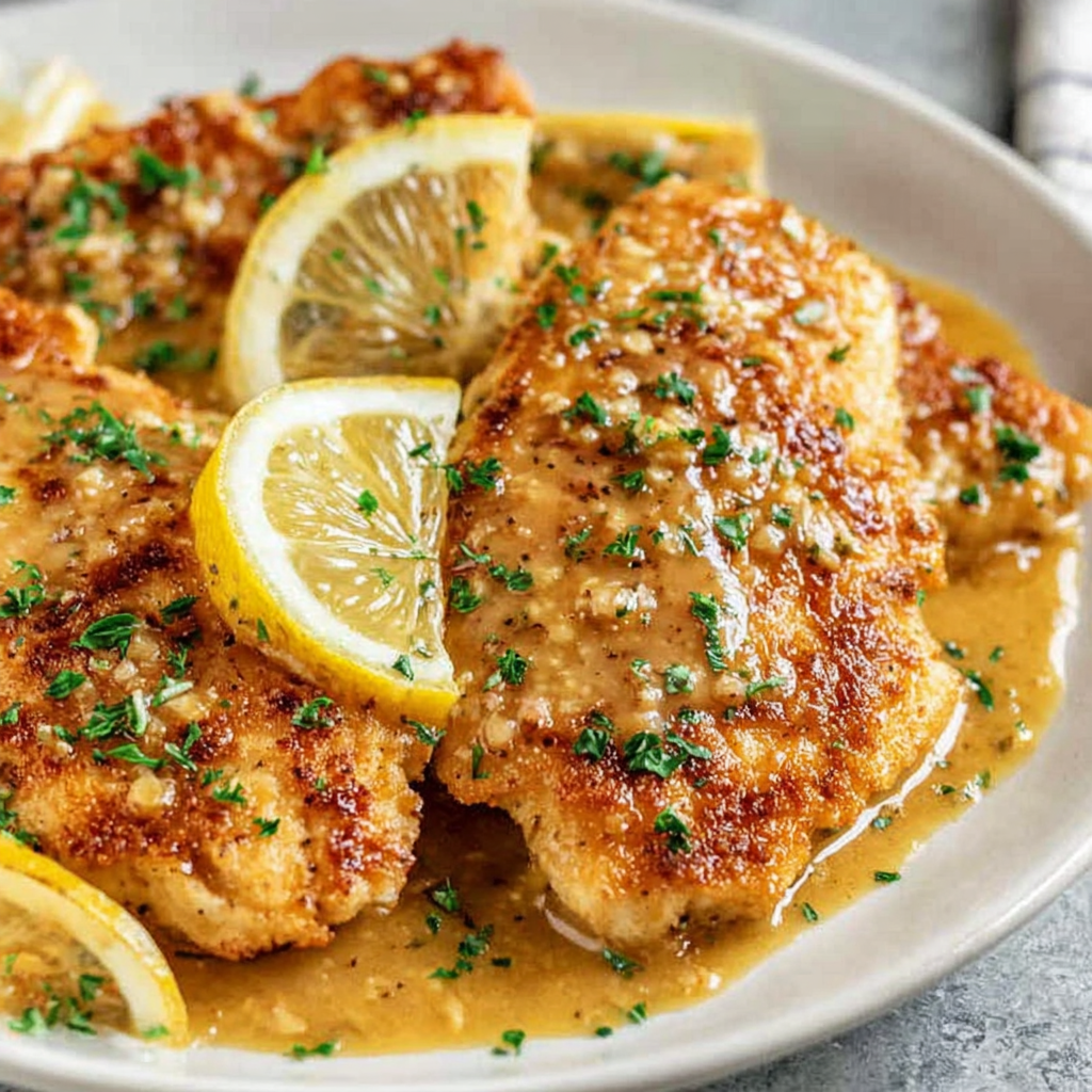 Plated chicken francaise with lemon slices and parsley