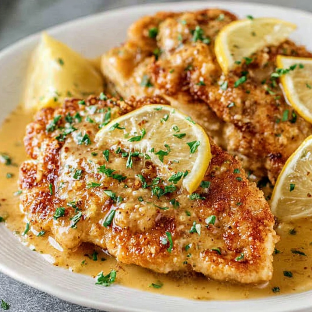 Close up of lemon butter sauce coating chicken francaise
