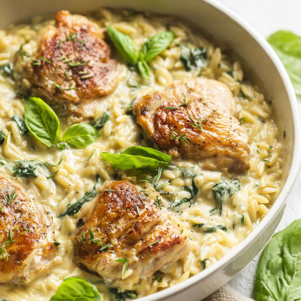 Close-up of creamy orzo with spinach and chicken thighs