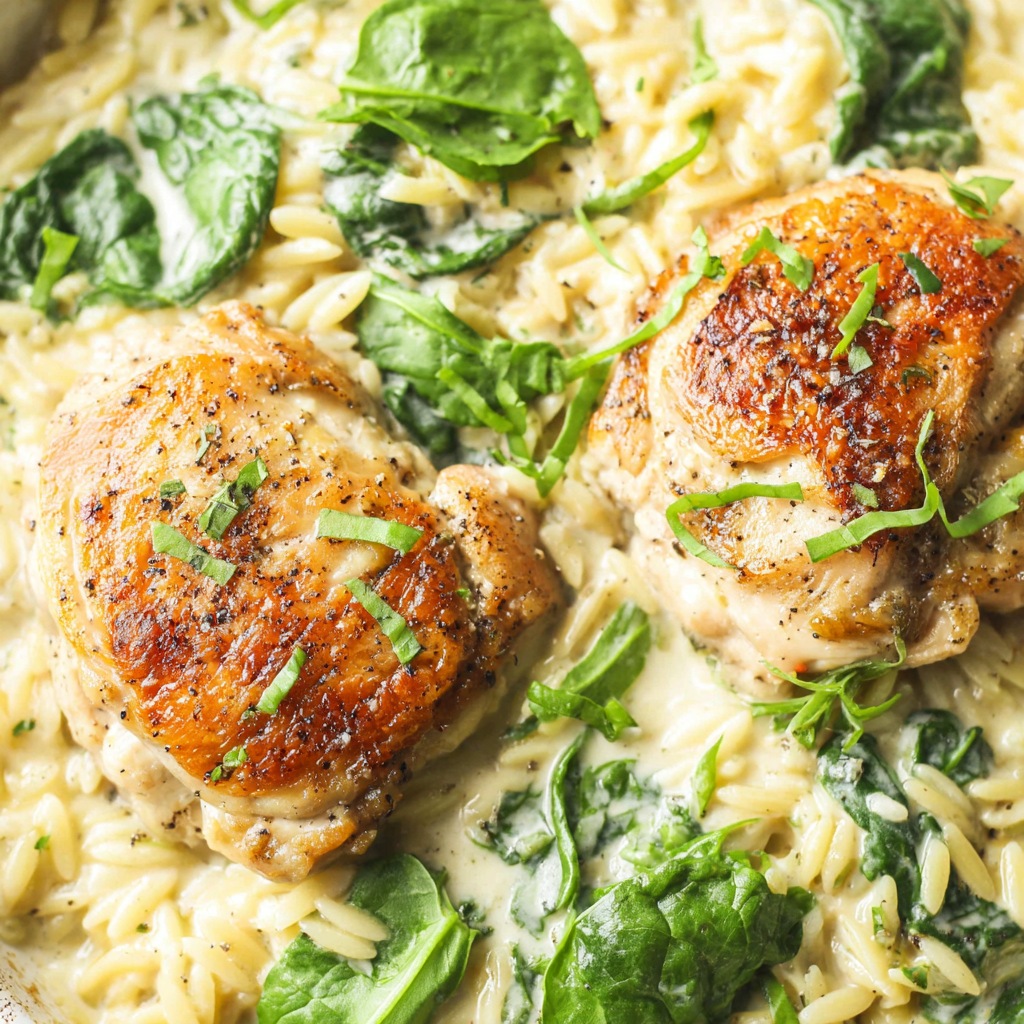 Serving spoon scooping baked chicken orzo from pan