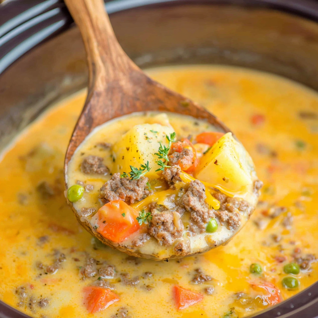 Ladle scooping creamy cheeseburger soup from slow cooker