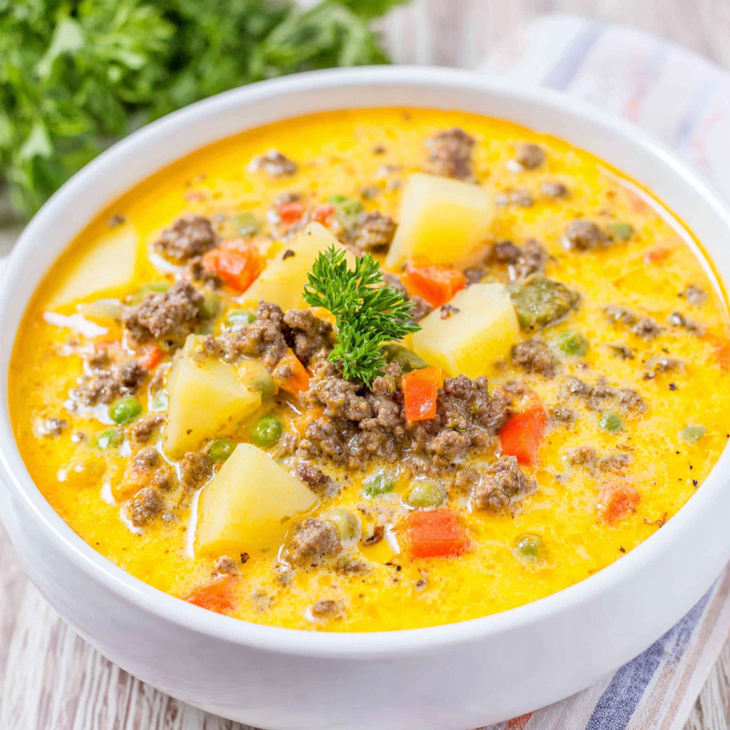 Bowl of cheeseburger soup topped with cheddar and chives