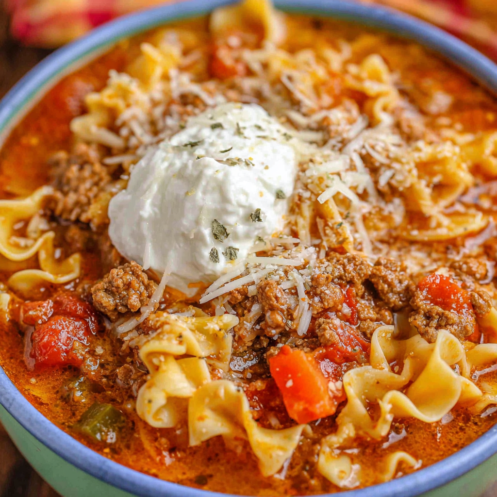 Ladle serving lasagna soup with ruffled pasta and beef