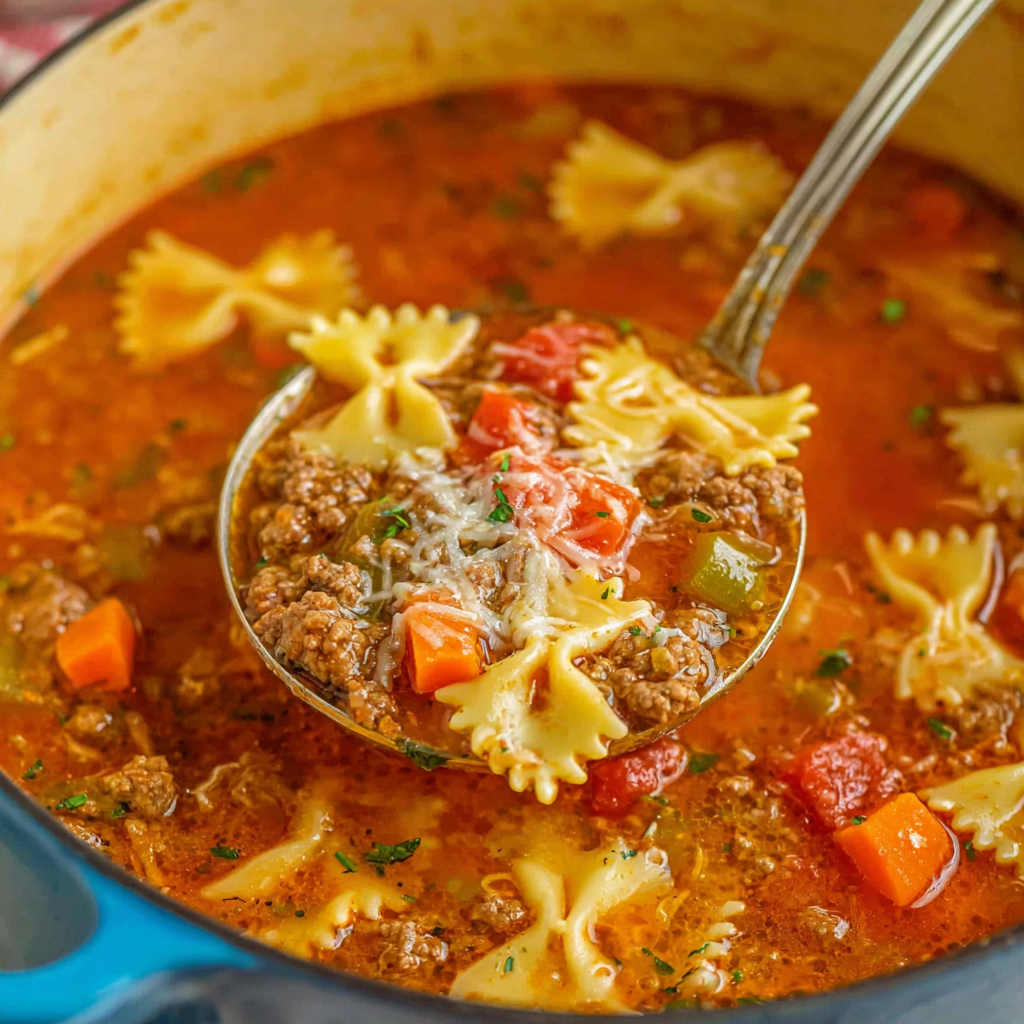 Close up of lasagna soup with melted cheese and herbs