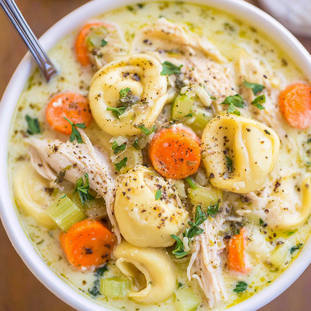 Ladle scooping creamy chicken tortellini soup from an Instant Pot