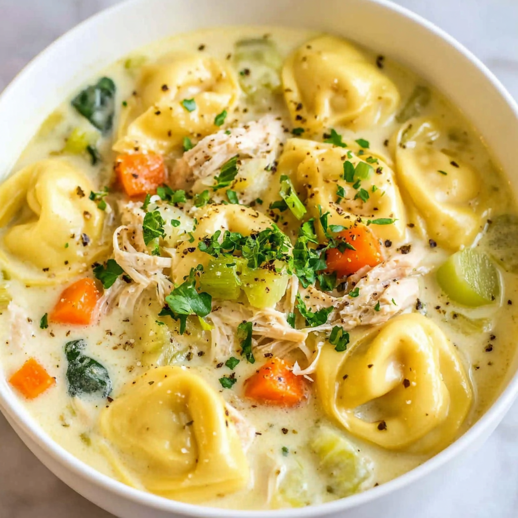 Bowl of creamy tortellini chicken soup garnished with Parmesan and parsley