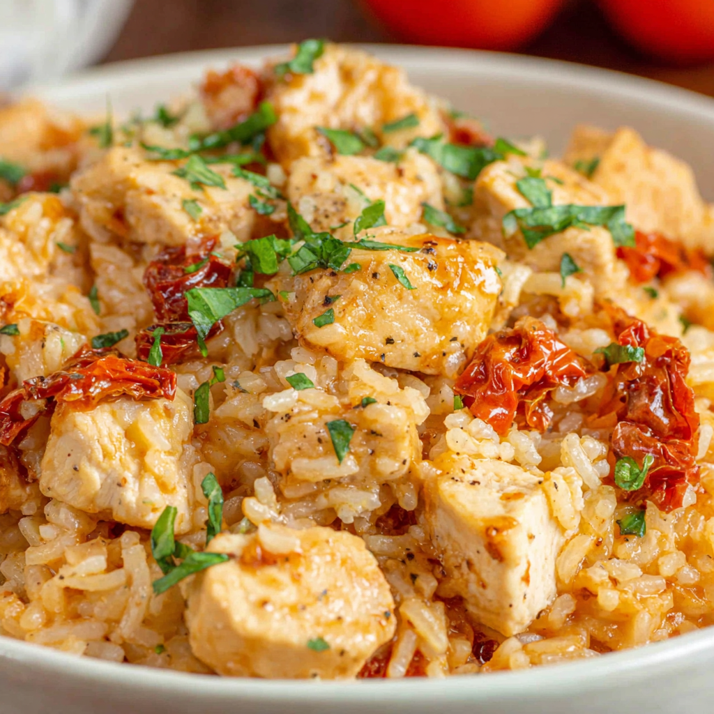 Close-up of creamy rice grains with sun-dried tomatoes and chicken