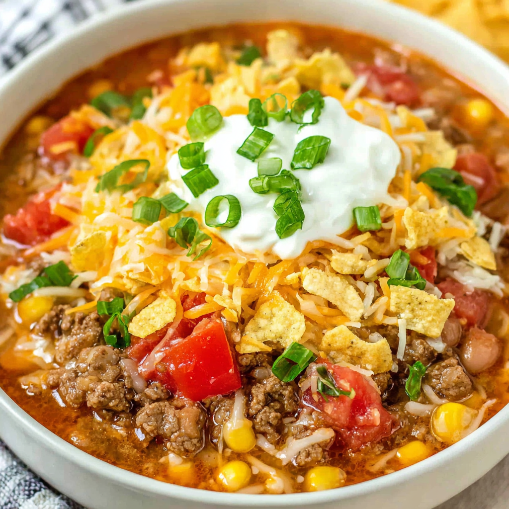 Crock Pot taco soup ladled into bowls with toppings
