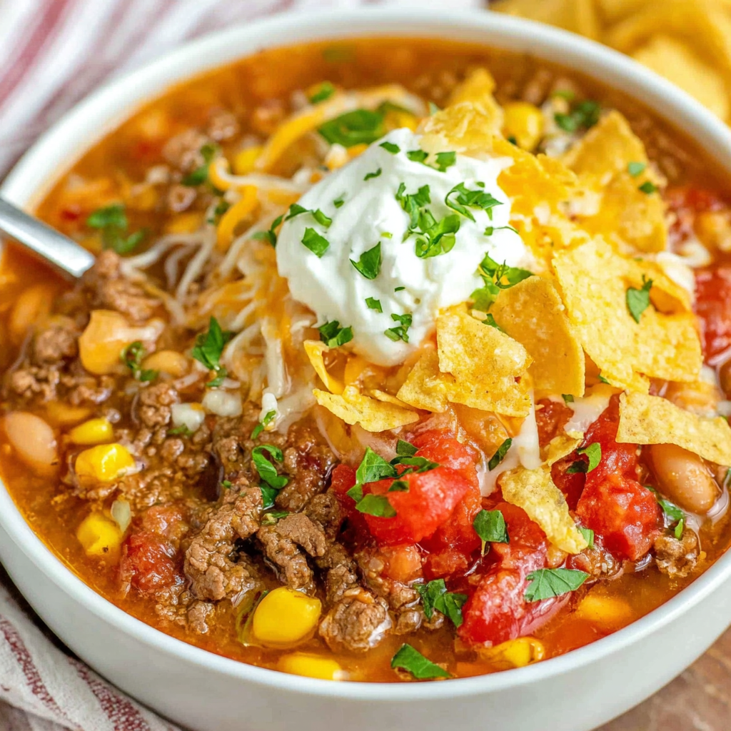 Bowls of taco soup with toppings on a table