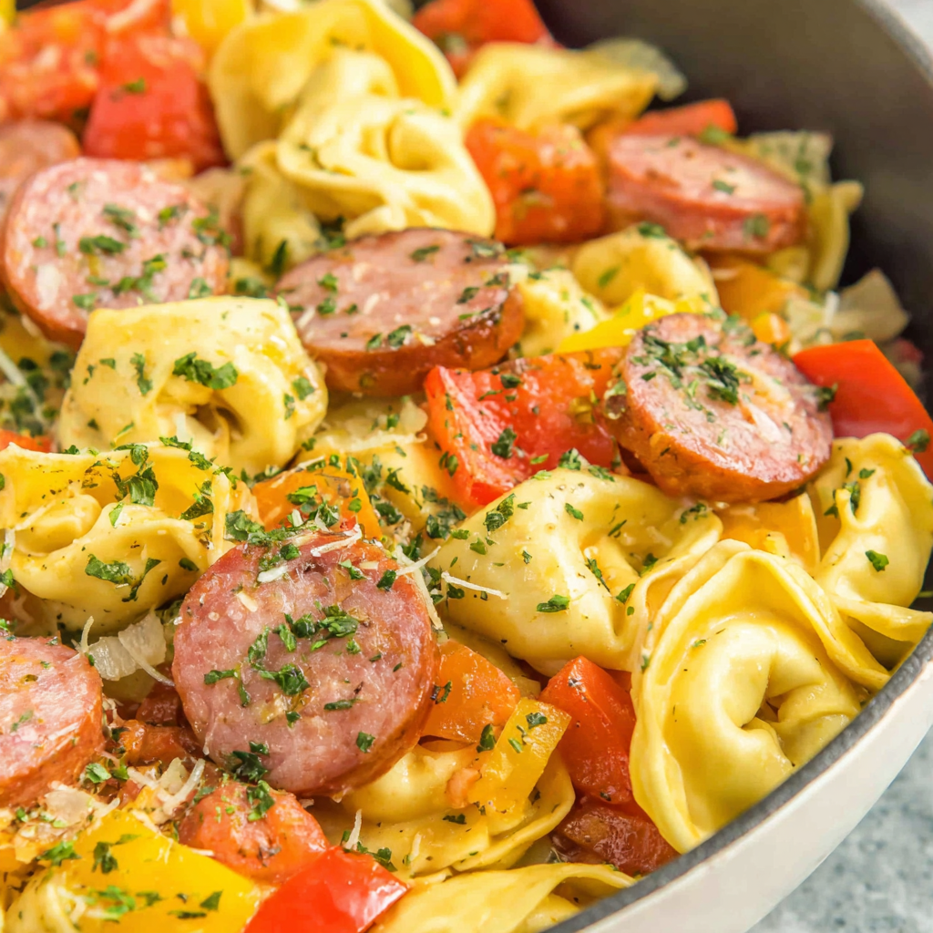 User provided content image 1 showing the skillet with kielbasa, peppers, and tortellini