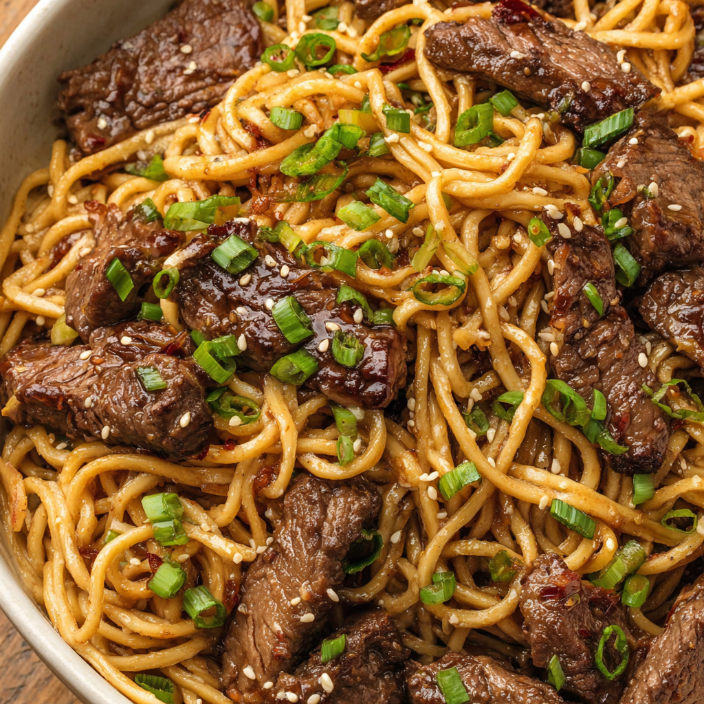 Overhead shot of one-pan Mongolian beef noodles in a skillet with serving tongs