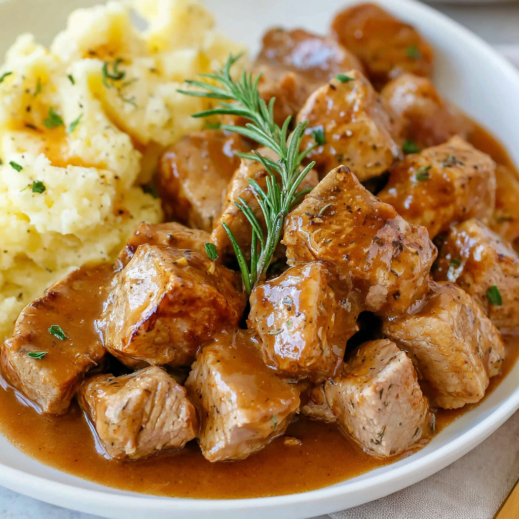Seared pork bites simmering in rich onion gravy