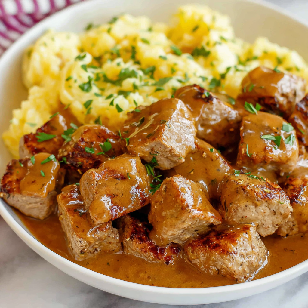 Plated pork bites with brown gravy over mashed potatoes