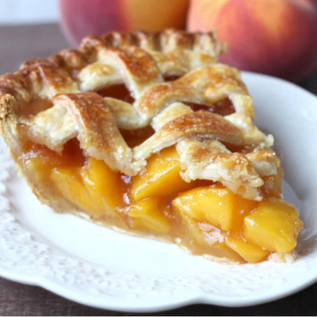 Slice of peach pie with vanilla ice cream on a plate