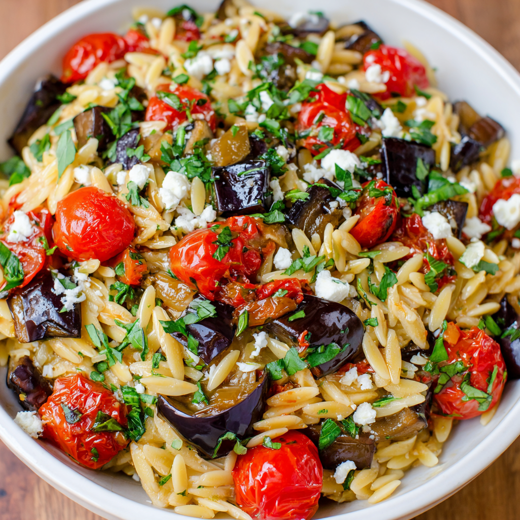 Serving platter of roasted eggplant and tomato orzo garnished with herbs and lemon