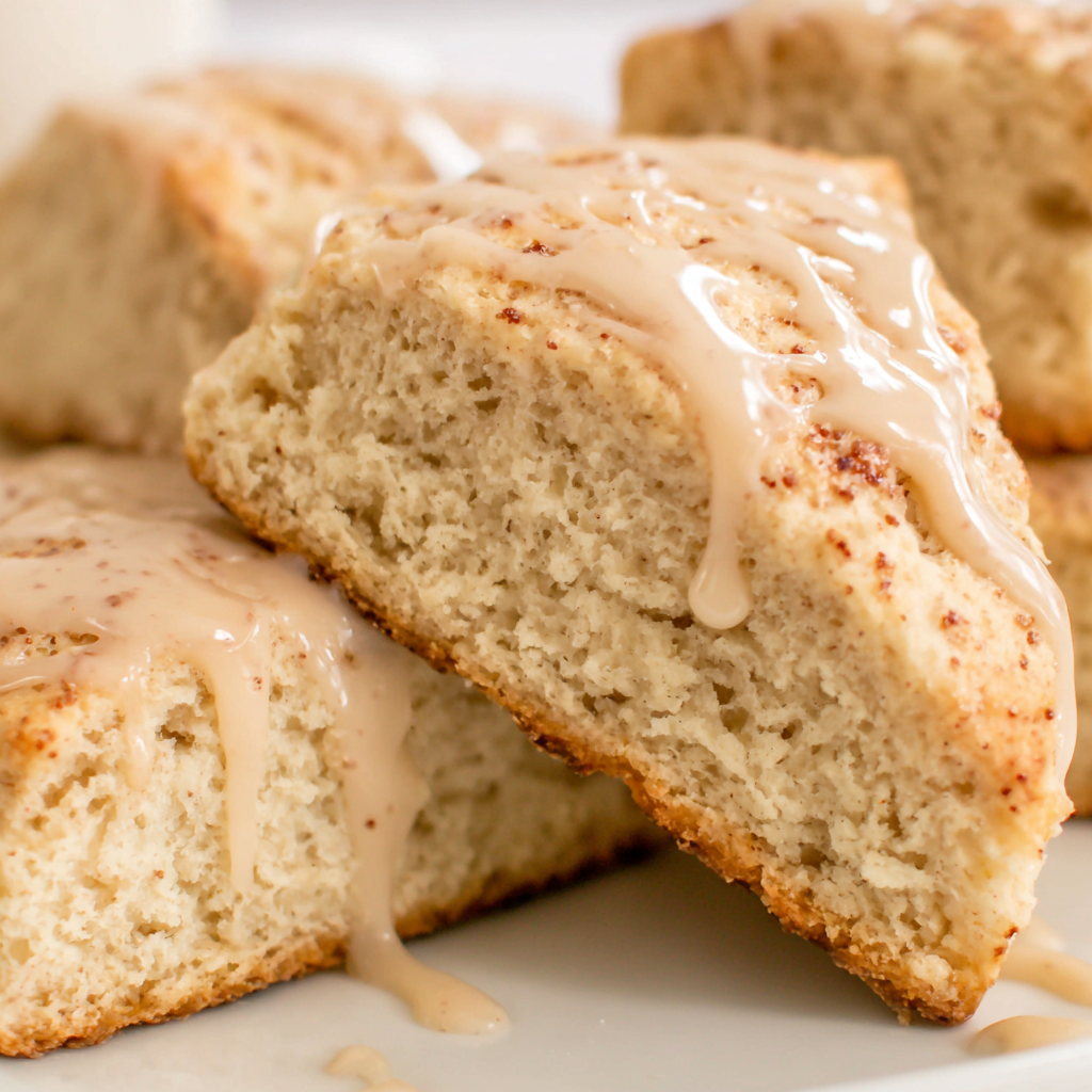 Close-up of glazed vanilla bean scones showing visible vanilla specks in the icing