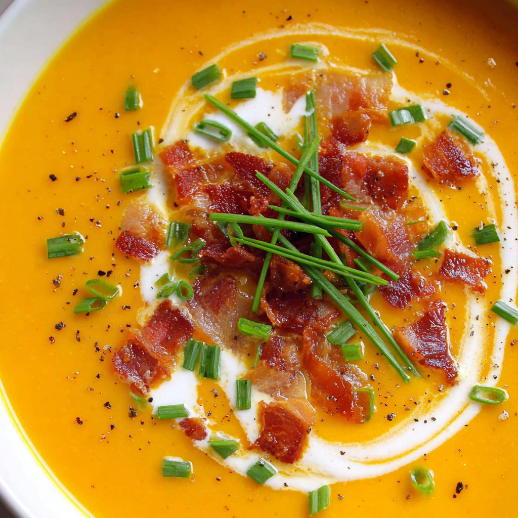 Ladle pouring creamy butternut squash soup into bowls