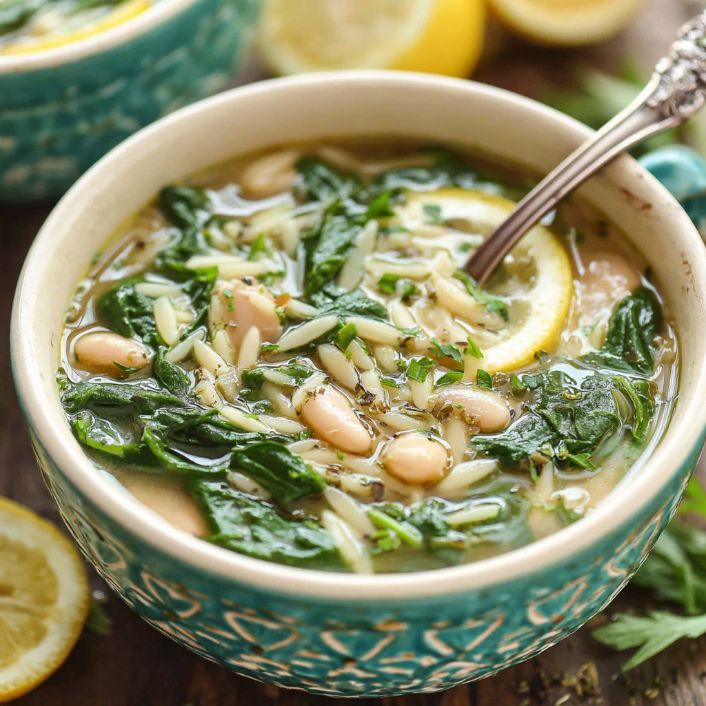Spinach and white bean orzo soup in a pot with ladle
