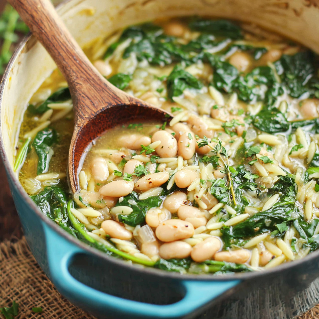 Ladle pouring spinach and white bean orzo soup into bowls