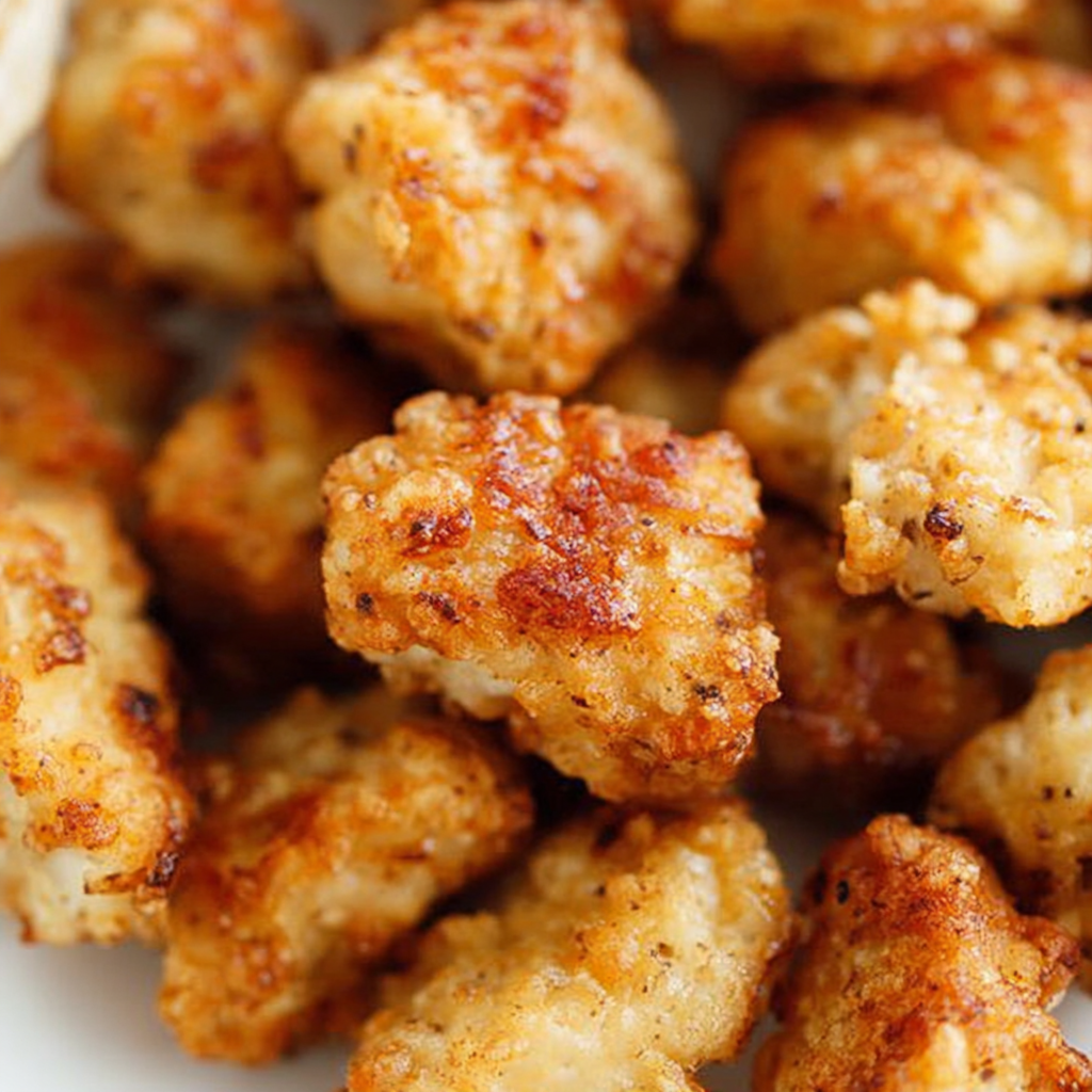 Close-up of golden fried nuggets being dipped into honey mustard