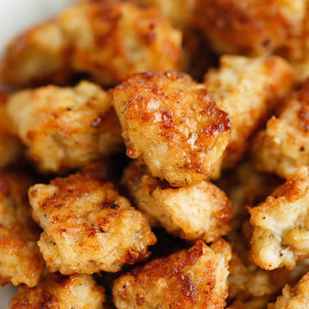 Platter of homemade nuggets with dipping sauces on a table
