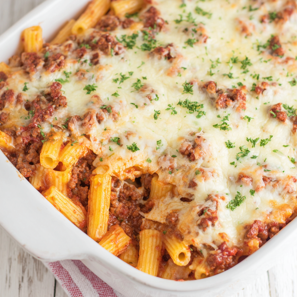 Sliced baked ziti served on a plate with herbs