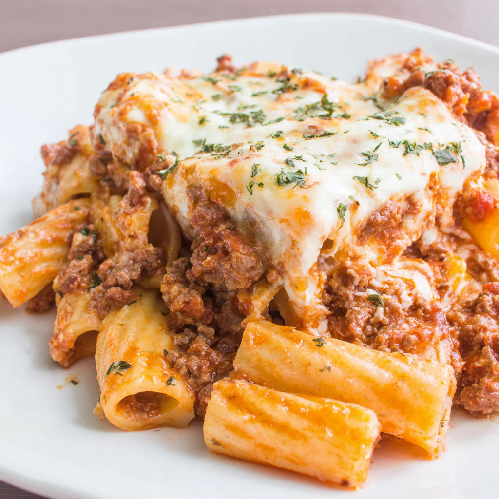 Close-up of cheesy baked ziti layers with bechamel and meat sauce
