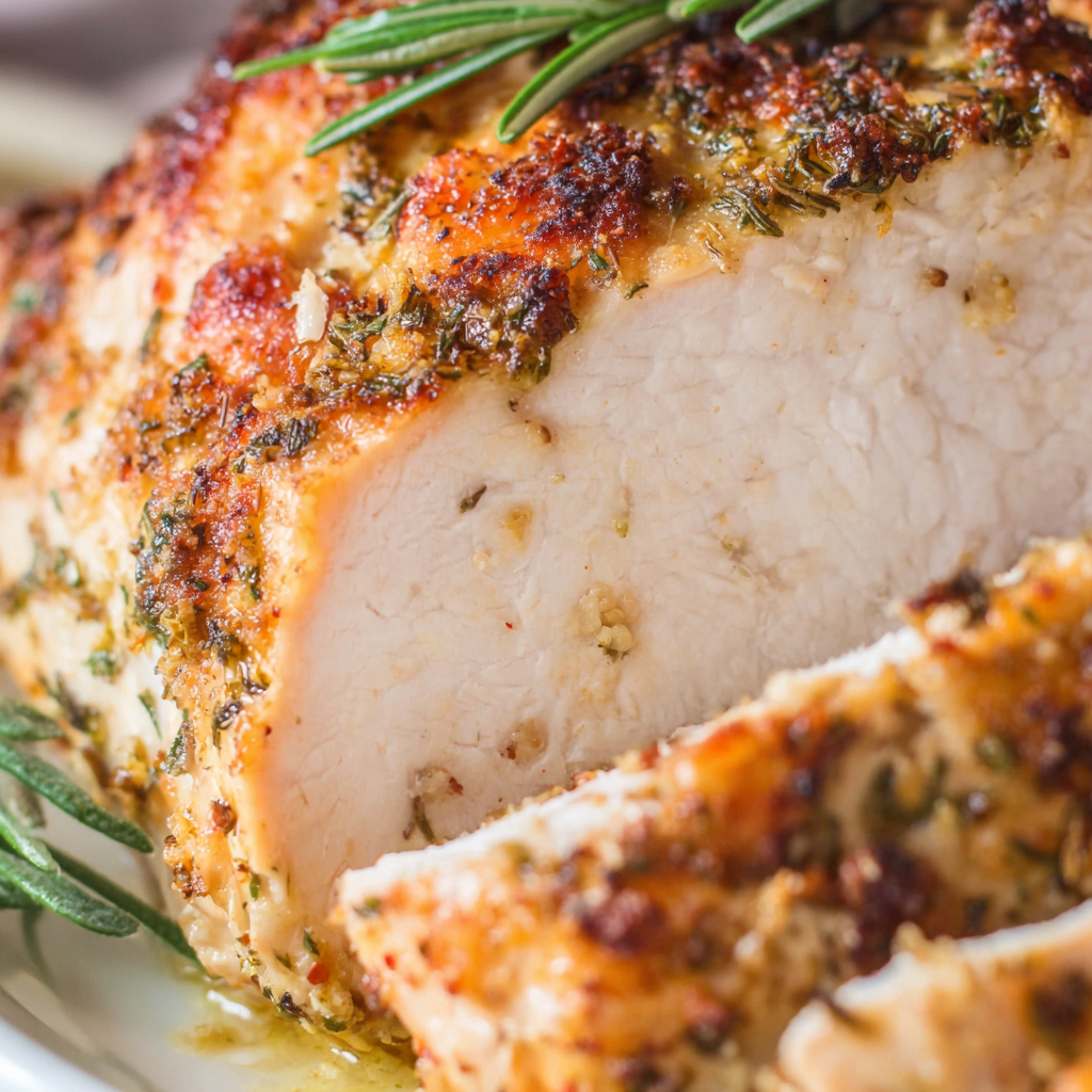 Plated slices of boneless turkey breast with sides for a holiday-style meal