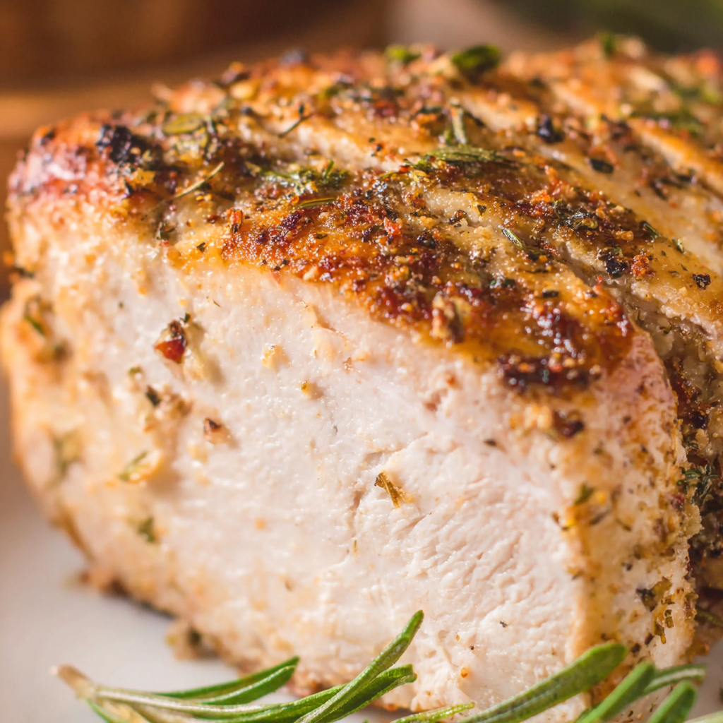Close-up of crispy-skinned air fryer turkey breast being sliced