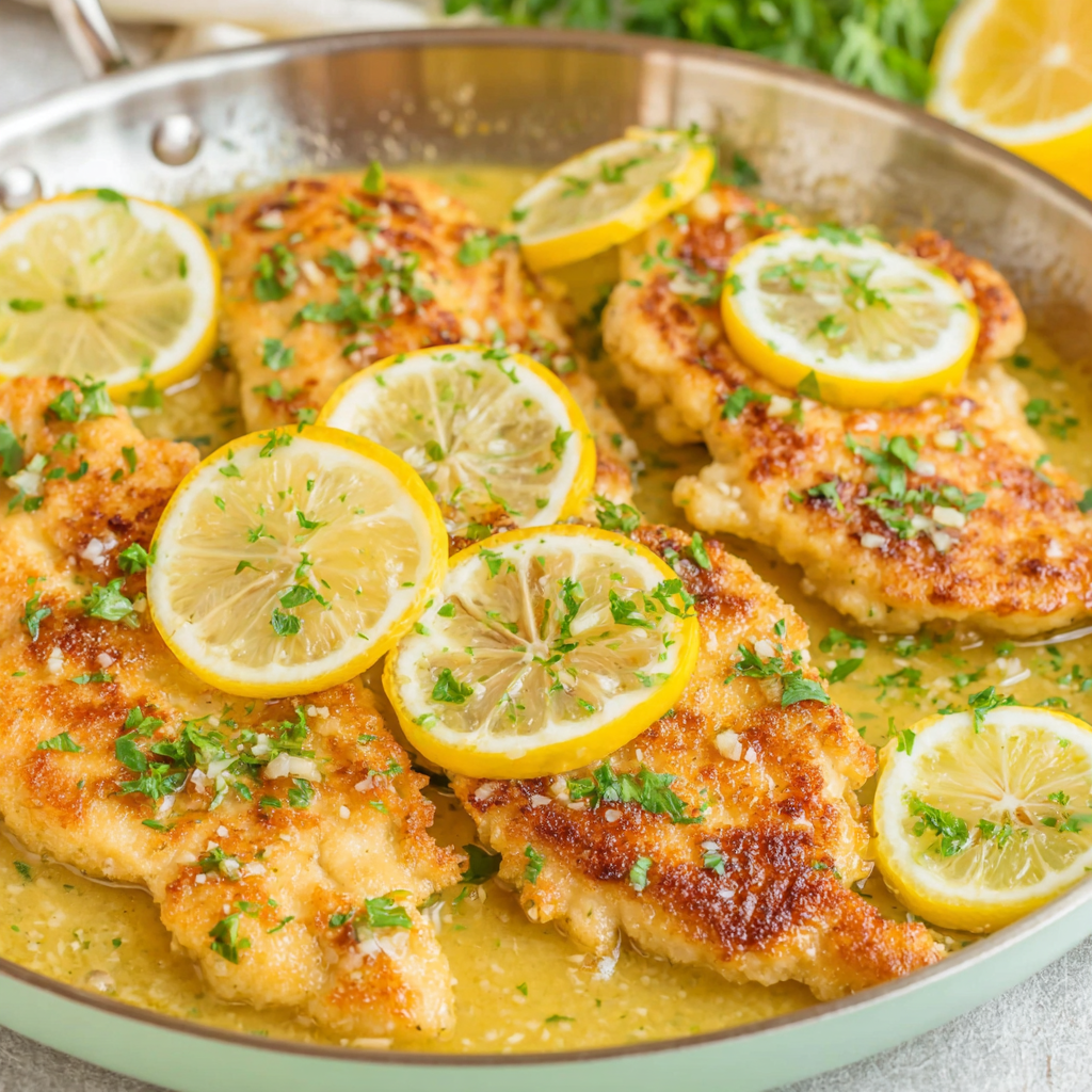 Plate of Chicken Francese with pasta and parsley