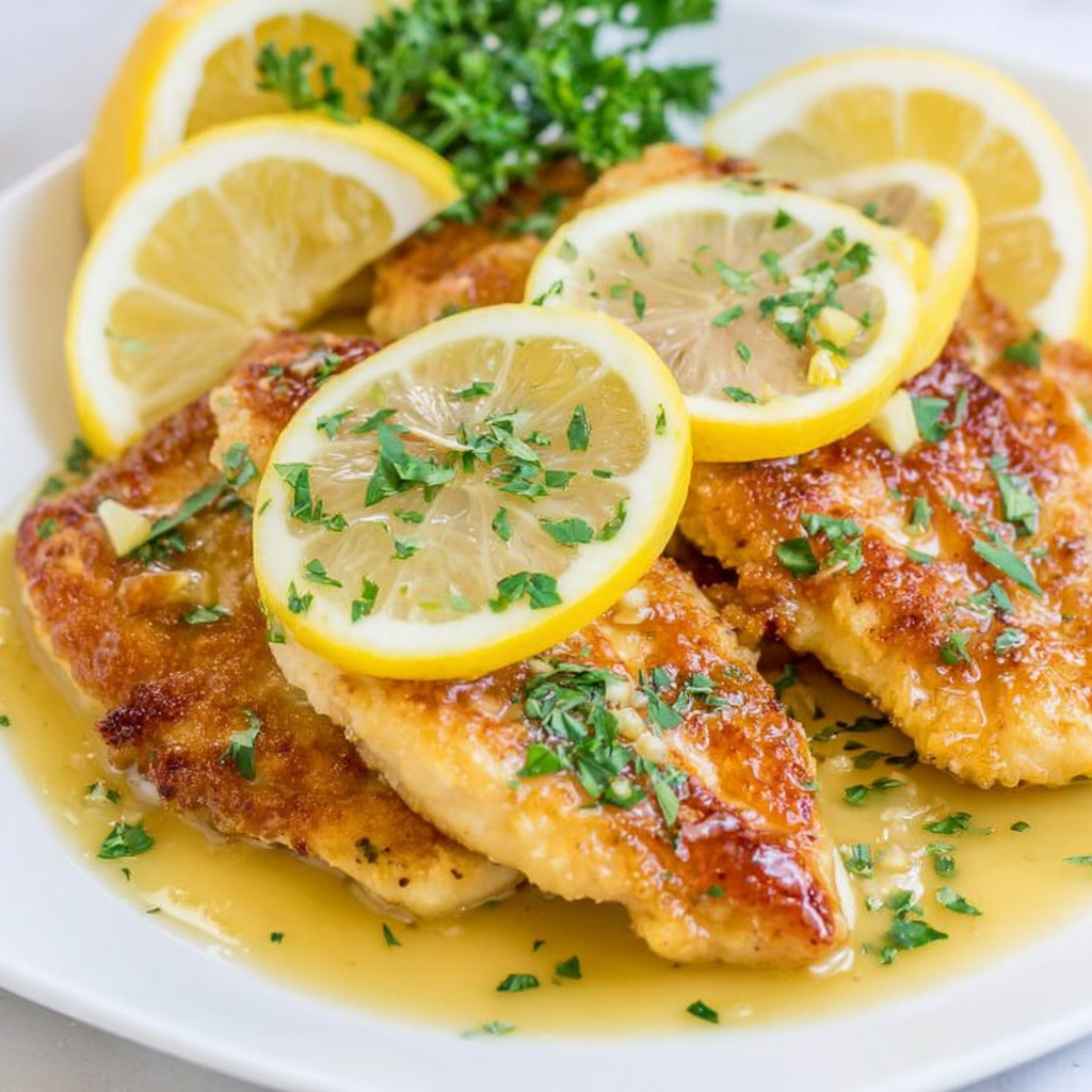 Skillet close-up of lemon slices sizzling in butter for Chicken Francese