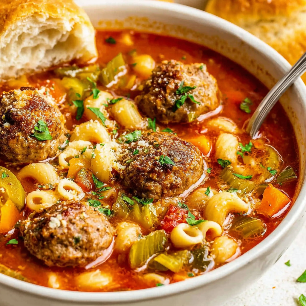 Ladle lifting meatball soup from a Dutch oven