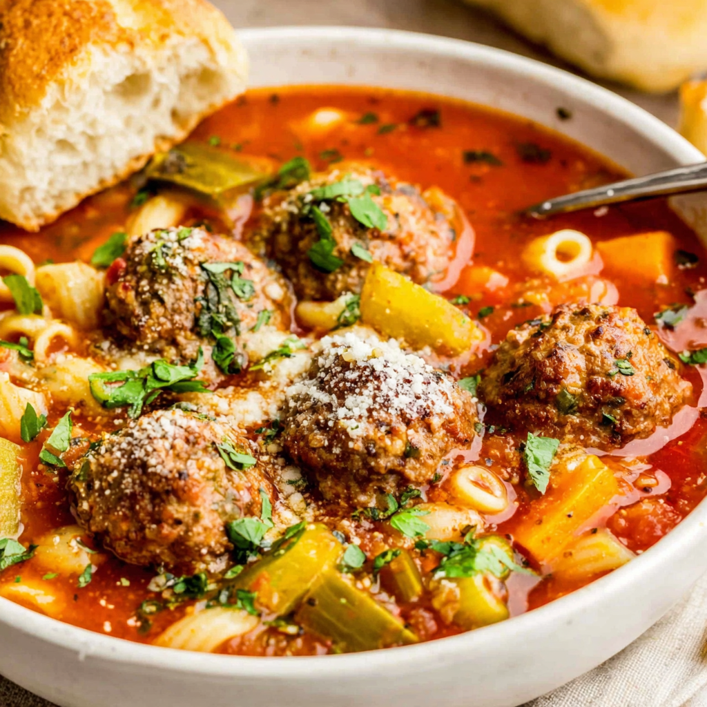 Close up of tender baked meatballs in tomato broth