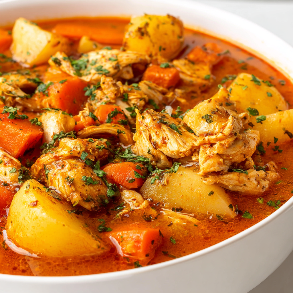 Bowls of chicken stew served with jasmine rice and salad