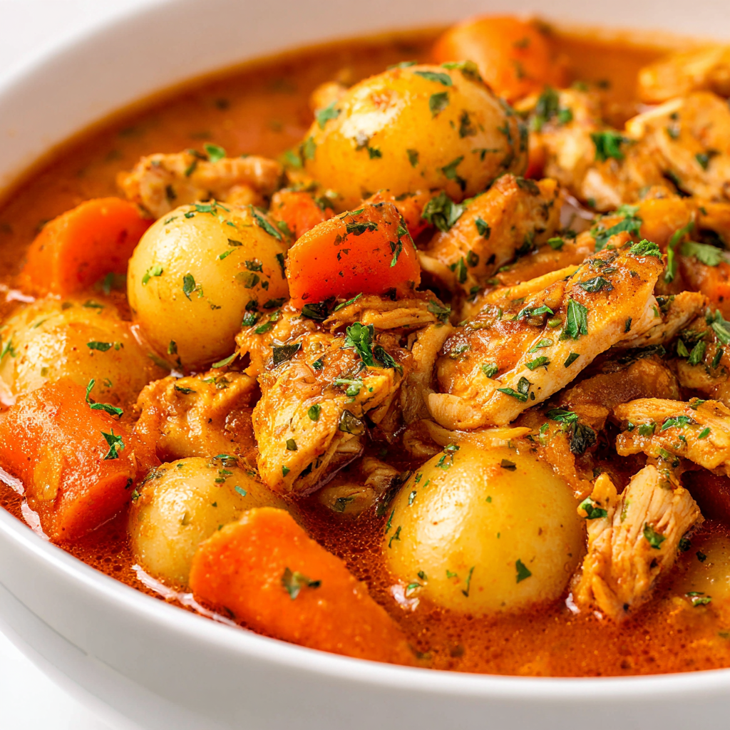 Close-up of chicken, carrots, and potatoes simmering in tomato broth
