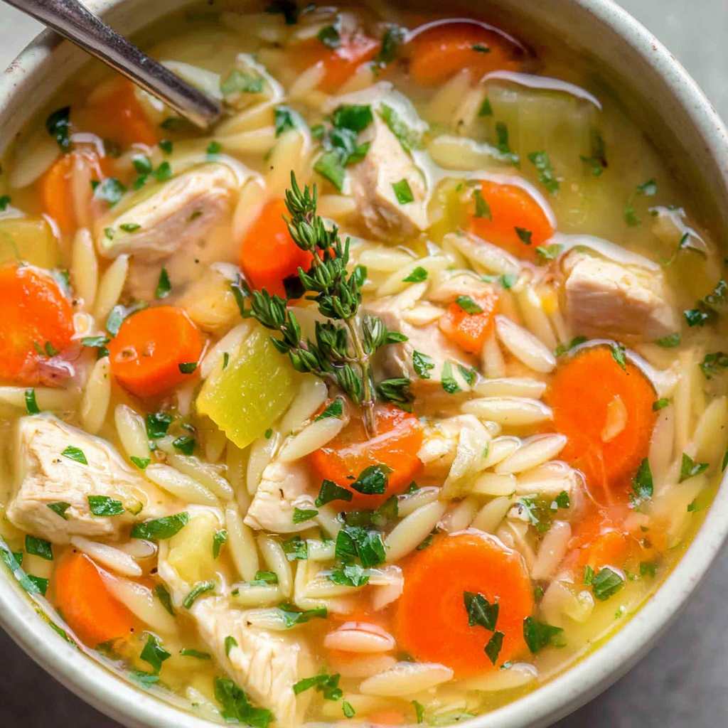 Lemon chicken orzo soup in a pot with ladle