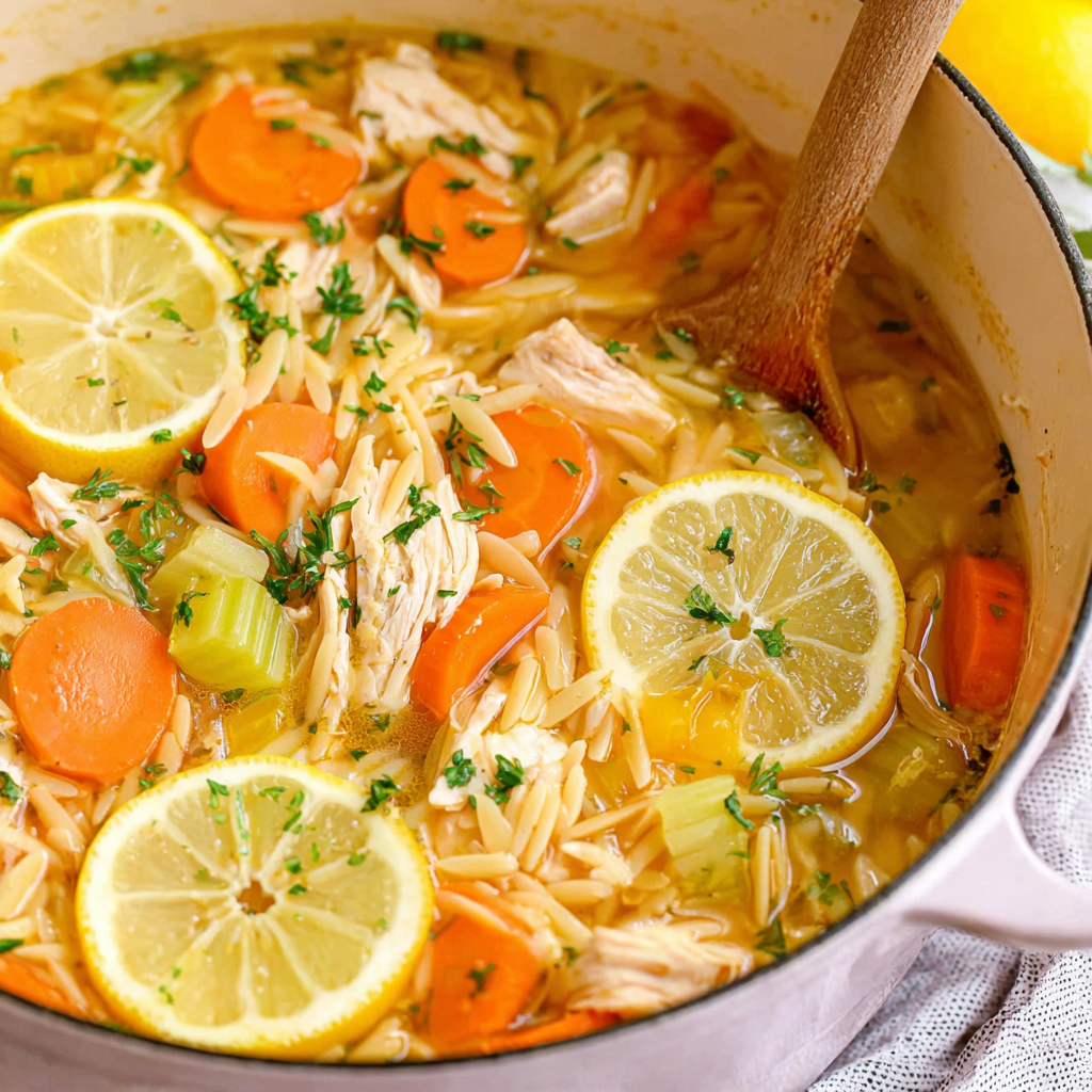 Ingredients for lemon chicken orzo soup on a cutting board