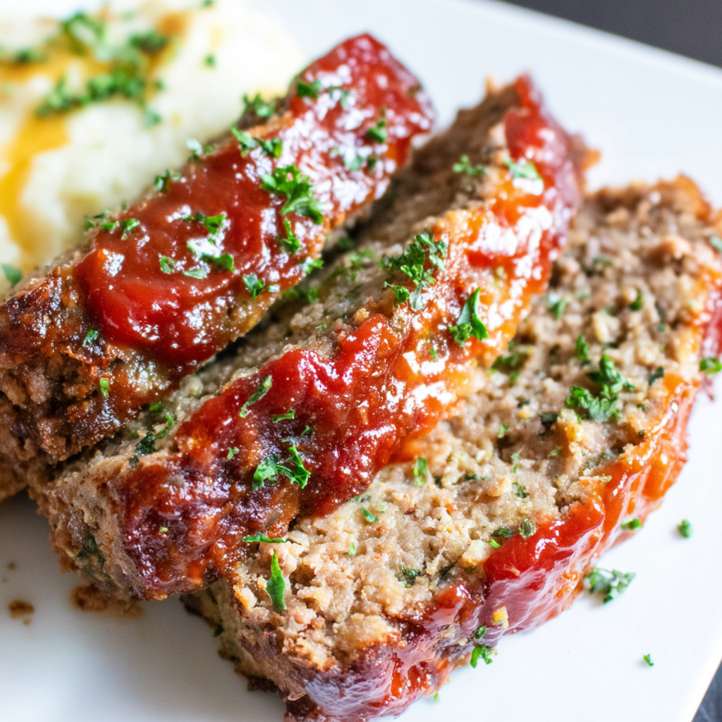 Sliced meatloaf on a cutting board with a small bowl of glaze on the side