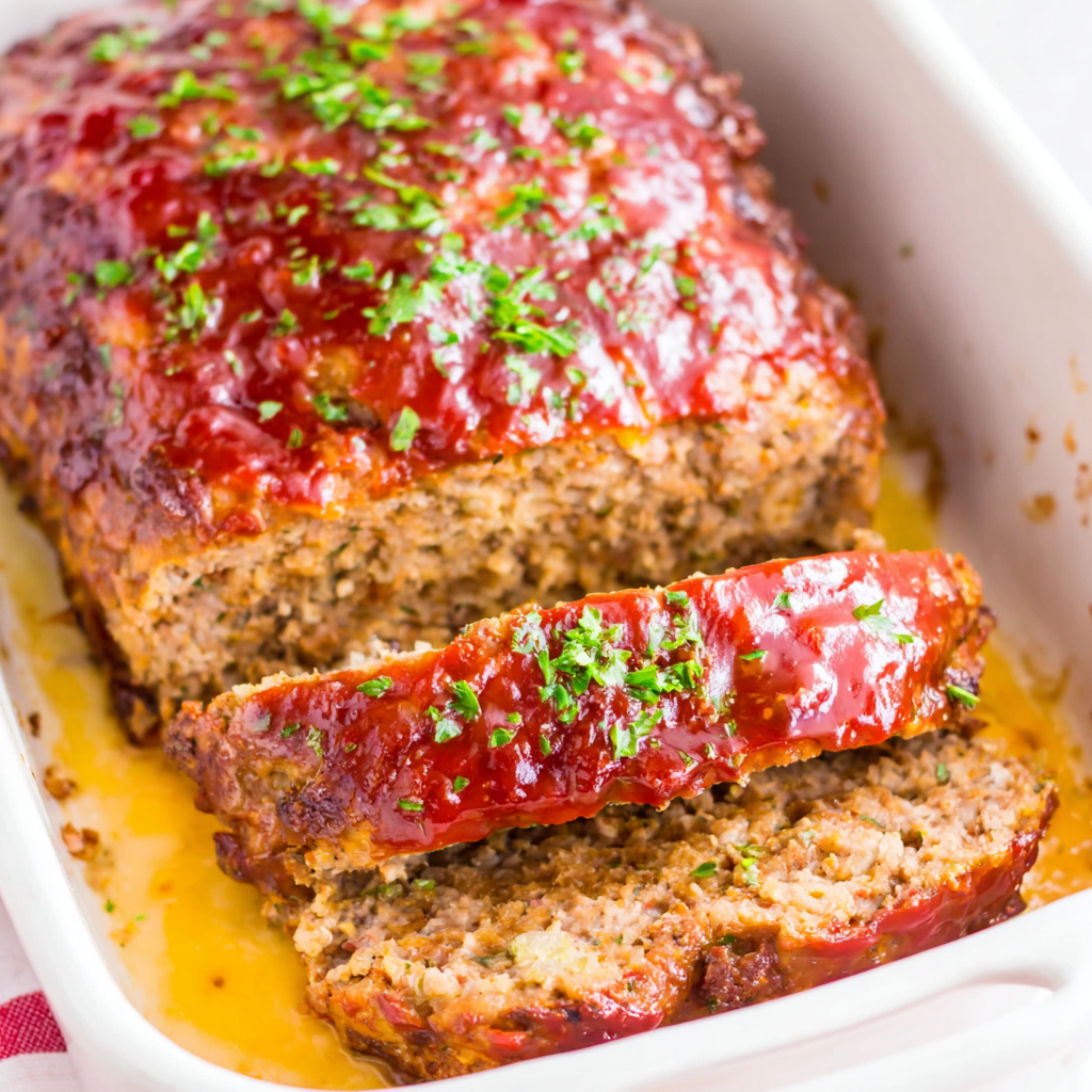 Close-up of meatloaf slice showing moist interior with finely diced onions