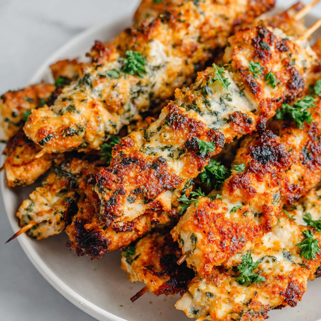 Skewers being brushed with garlic Parmesan butter