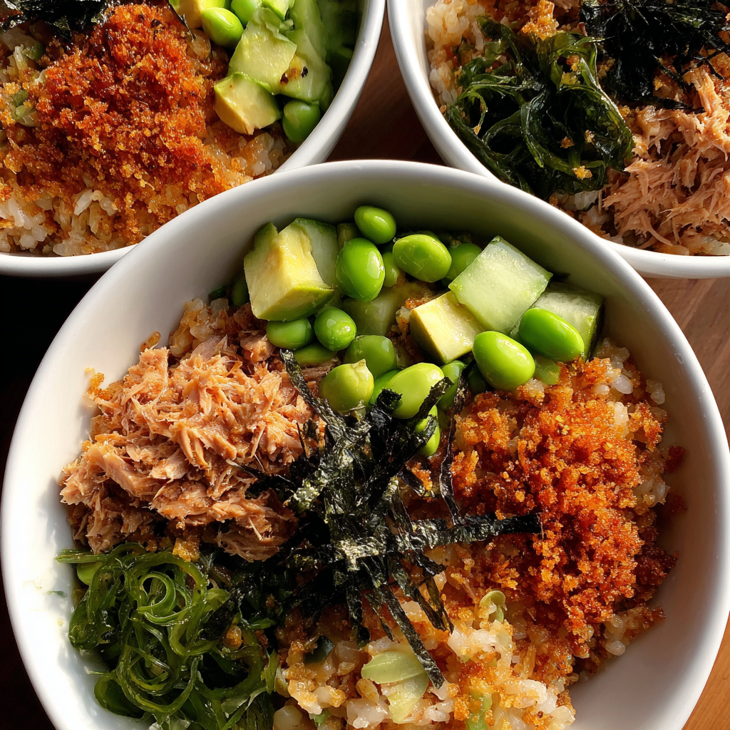Ingredients for sesame tuna bowls arranged on a board