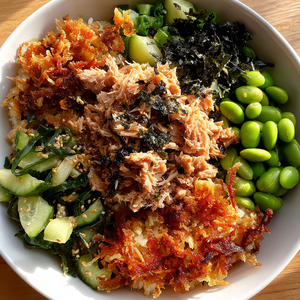 Finished crispy rice sesame tuna bowl with sesame-ginger dressing