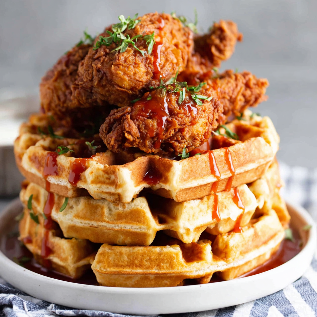 Golden Belgian waffles stacked with fried chicken and maple syrup drizzle