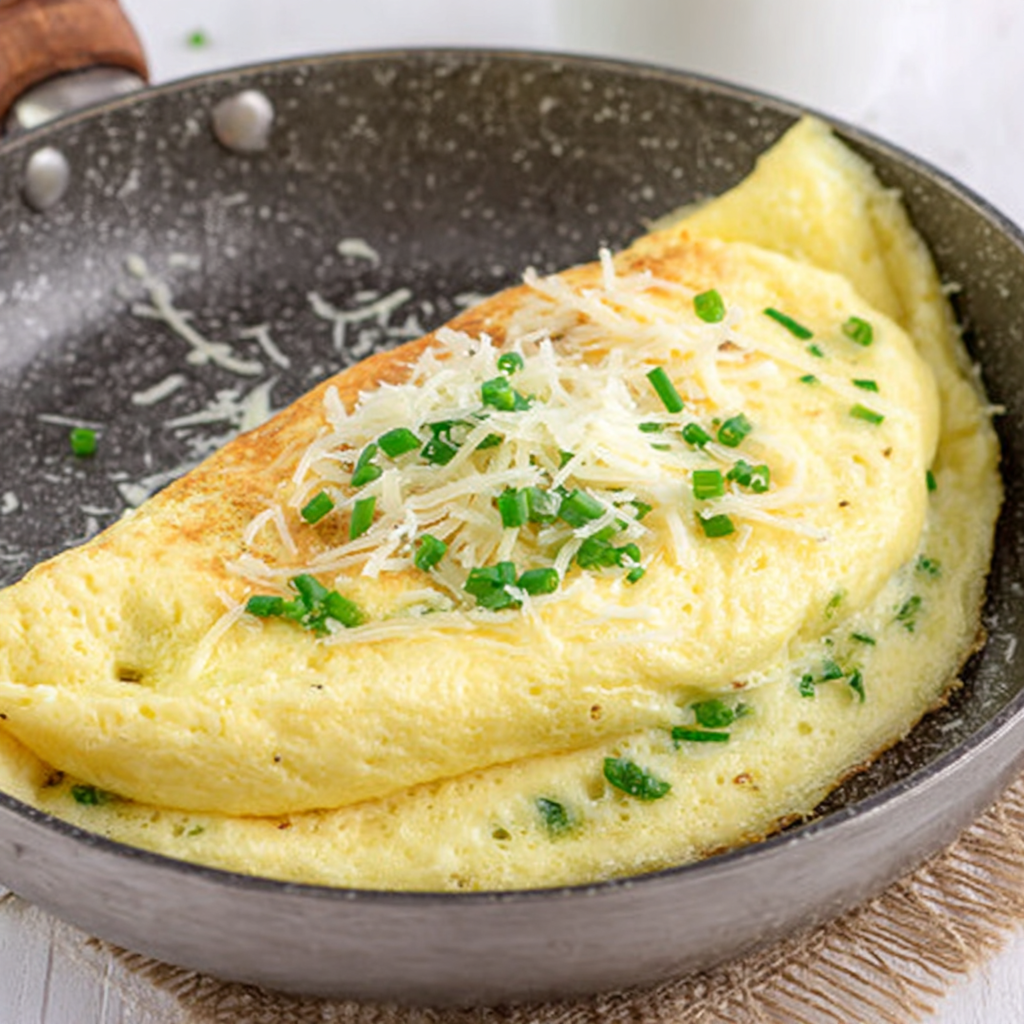 Close-up of airy souffle omelette texture showing custardy interior