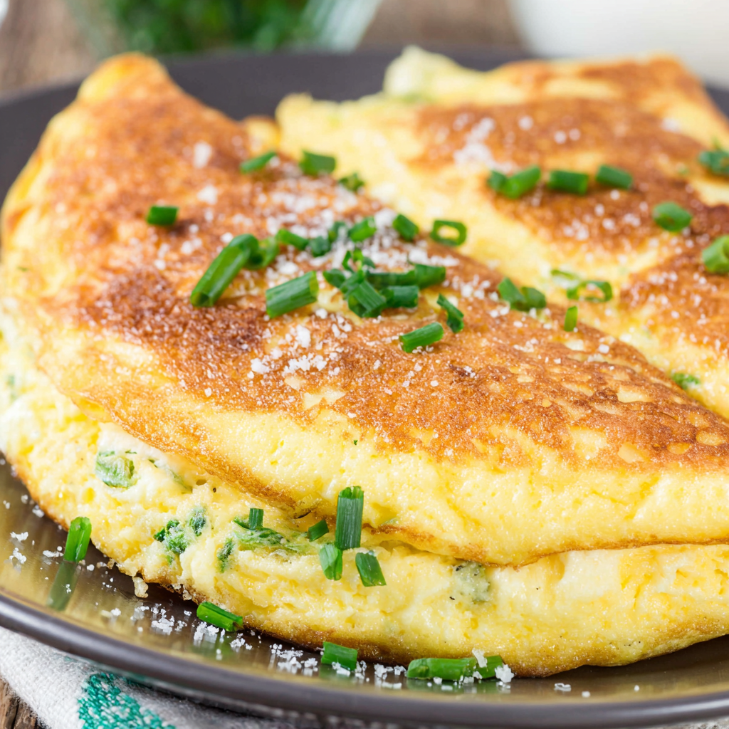 Souffle omelette folded in half with melted cheese and herbs