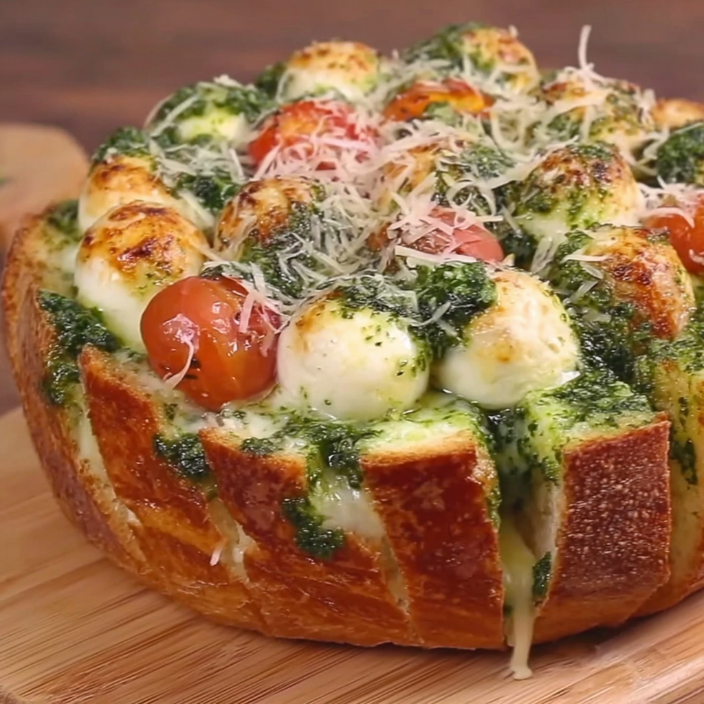 Sliced caprese baked bread with melted mozzarella and basil pesto